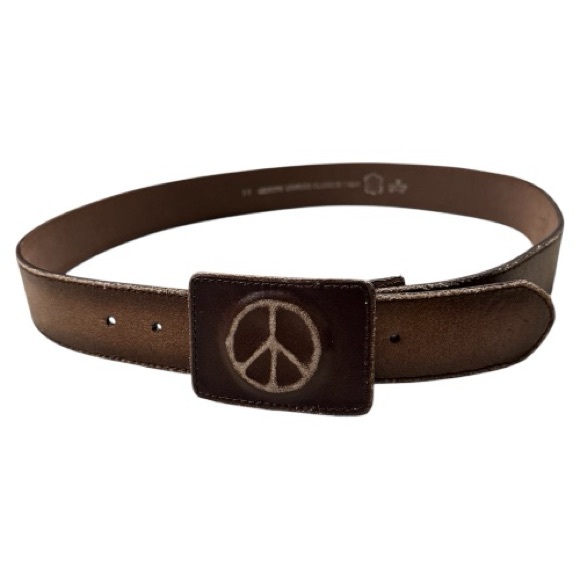 Distressed leather belt strap with removable leather peace sign buckle 33”- 35” main image 3